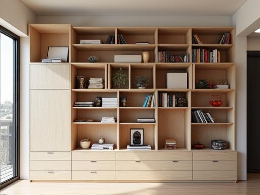Libreria a muro dal design unico in legno chiaro, con mensole irregolari e scomparti aperti e chiusi, contenente libri e oggetti decorativi, in un moderno interno di casa.